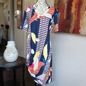 V Neck Tunic Mini Dress - Navy Geometric Floral Print - XL